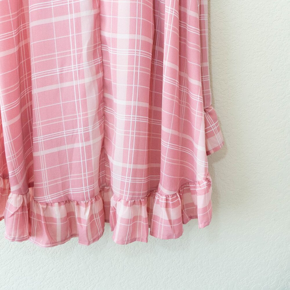 Mi Ami Pink Plaid Wrap Dress Womens M Ruffle Hem Midi Cottagecore Puff Sleeve - Picture 12 of 13